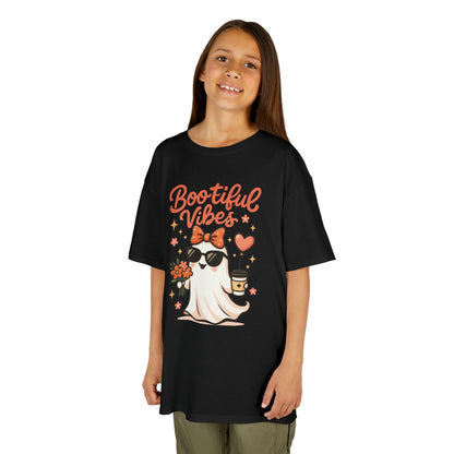 Girls Halloween Ghost T-Shirt, Cute Bootiful Vibes Tee for Kids, Fun Spooky Season Shirt, Tween Girl Outfit Gift, Kids Heavy Cotton™ Tee