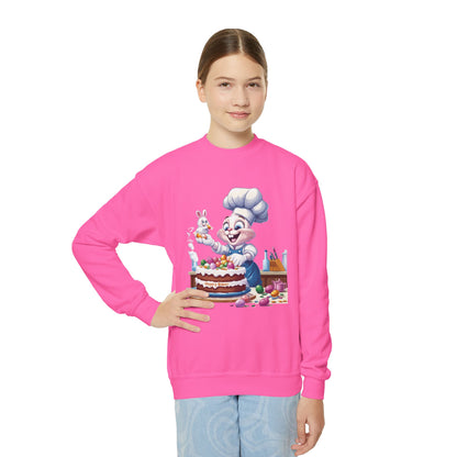 Hoppy Baker Easter Bunny Youth Sweatshirt - Cute Spring Crewneck for Kids with Chef Bunny and Cake, Fun Holiday Gift for Easter Lovers