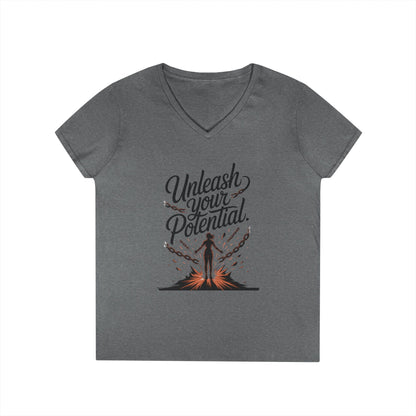 Empowering Ladies' V-Neck T-Shirt | Unleash Your Potential | Gift for Motivation, Birthday, Inspirational Wear, Positive Energy Top