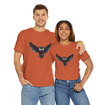 Cool Owl Graphic Unisex Heavy Cotton Tee, Flying Owl Ink Art T-Shirt, Nature Lover Gift, Animal Print Tee, Gothic Bird Graphic Tee
