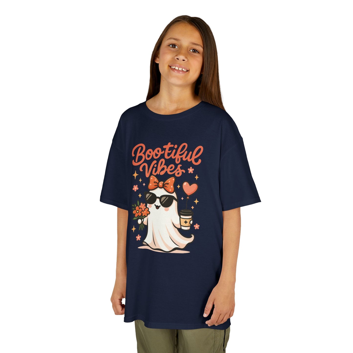 Girls Halloween Ghost T-Shirt, Cute Bootiful Vibes Tee for Kids, Fun Spooky Season Shirt, Tween Girl Outfit Gift, Kids Heavy Cotton™ Tee