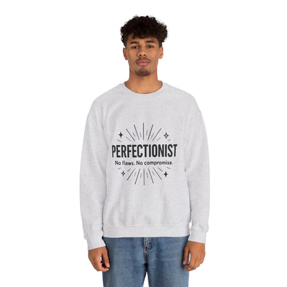Men's Perfectionist Sweatshirt, Bold No Flaws No Compromise Design, Clean Look Funny Gift for Him, Minimal Black Graphic Pullover