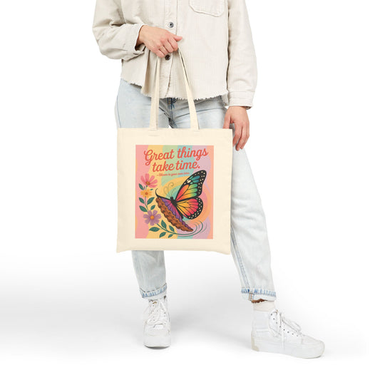 Great Things Take Time Tote Bag, Butterfly & Flower Cotton Canvas Bag, Motivational Quote Tote, Inspirational Gift for Women,  Boho Style Bag
