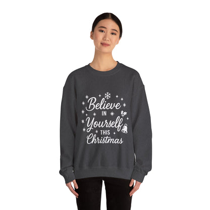 Women's Believe in the Magic Christmas Sweatshirt, Cozy Holiday Santa Hat Pullover, Women's Heavy Blend™ Crewneck Sweatshirt