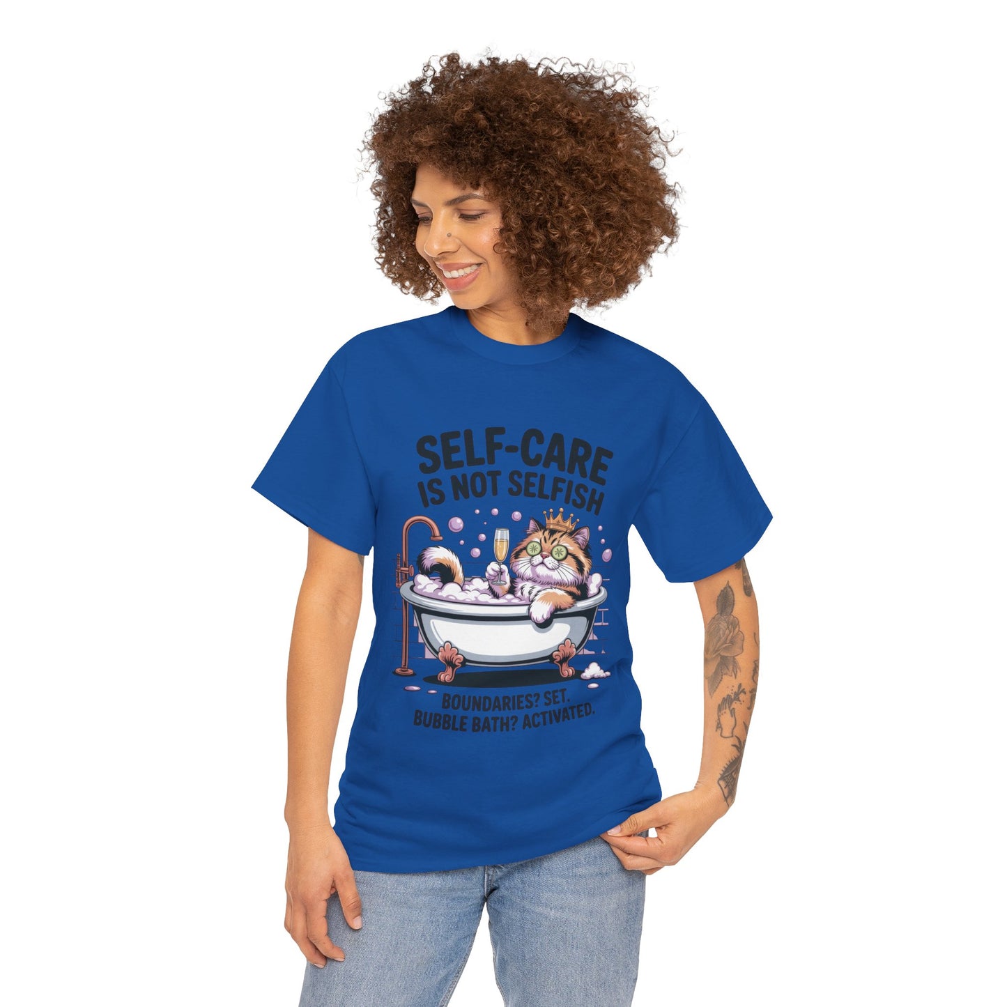 Womens Heavy Cotton Tee, Self-Care Cat Shirt, Funny Cat Bubble Bath Tee, Relaxing Kitty Graphic, Self Care Is Not Selfish Womens T-Shirt