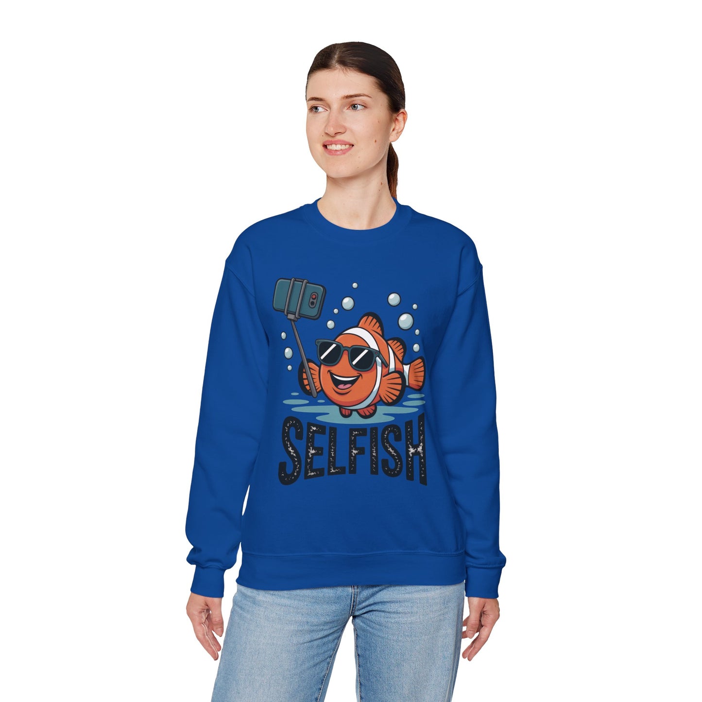 Unisex Heavy Blend™ Crewneck Sweatshirt, Mens Selfish Funny Fish Sweatshirt, Cute Selfie Pullover, Ocean Humor Top