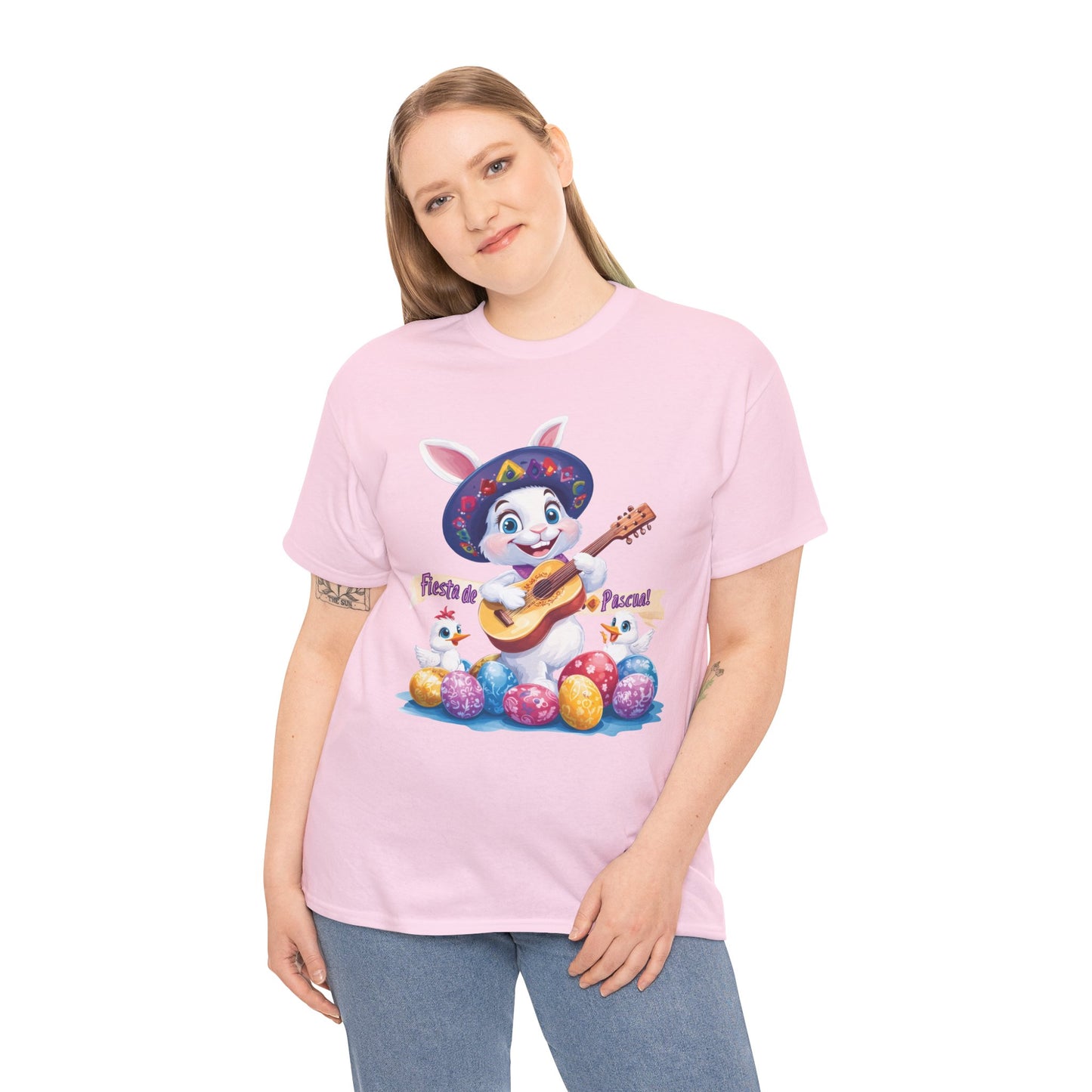 Fiesta de Pascua Bunny Shirt, Funny Easter Rabbit Playing Guitar Tee, Colorful Unisex Heavy Cotton T-Shirt, Cute Holiday Celebration Gift