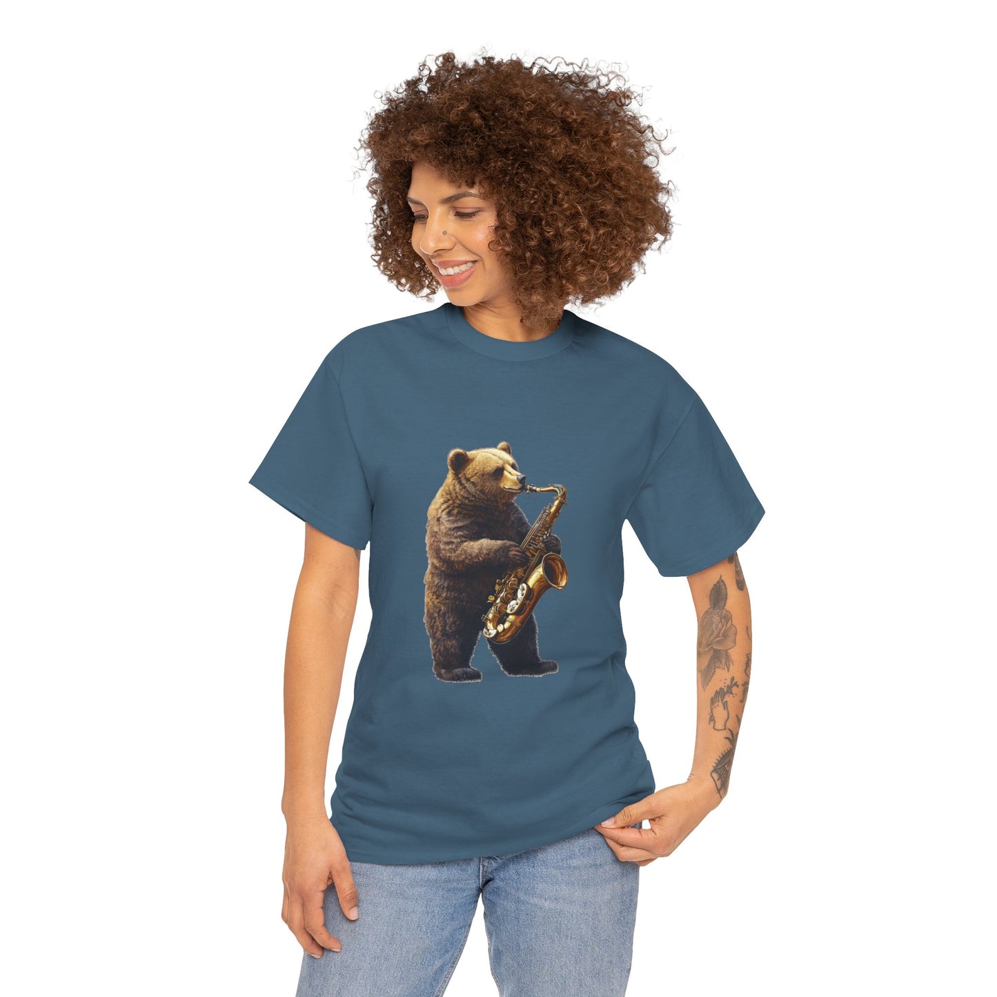 Saxophone Bear Unisex Heavy Cotton Tee, Music Lover Shirt, Gift for Musicians, Cute Animal Tee, Fun Jazz T-Shirt