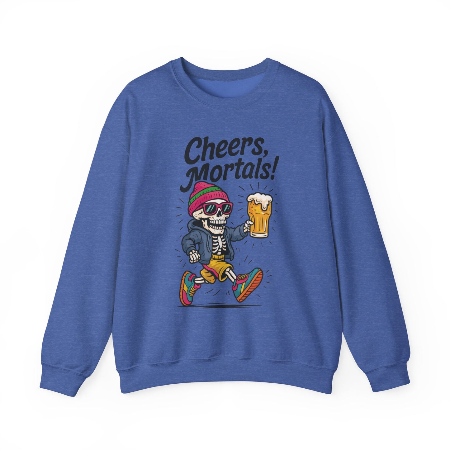 Cheers Mortals! Mens Crewneck Sweatshirt, Skeleton Beer Pullover with Hood, Drinking Humor Sweatshirt, Party Gift for Him, Halloween Apparel
