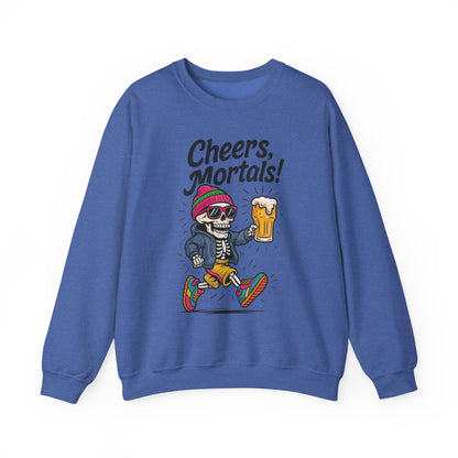Cheers Mortals! Mens Crewneck Sweatshirt, Skeleton Beer Pullover with Hood, Drinking Humor Sweatshirt, Party Gift for Him, Halloween Apparel
