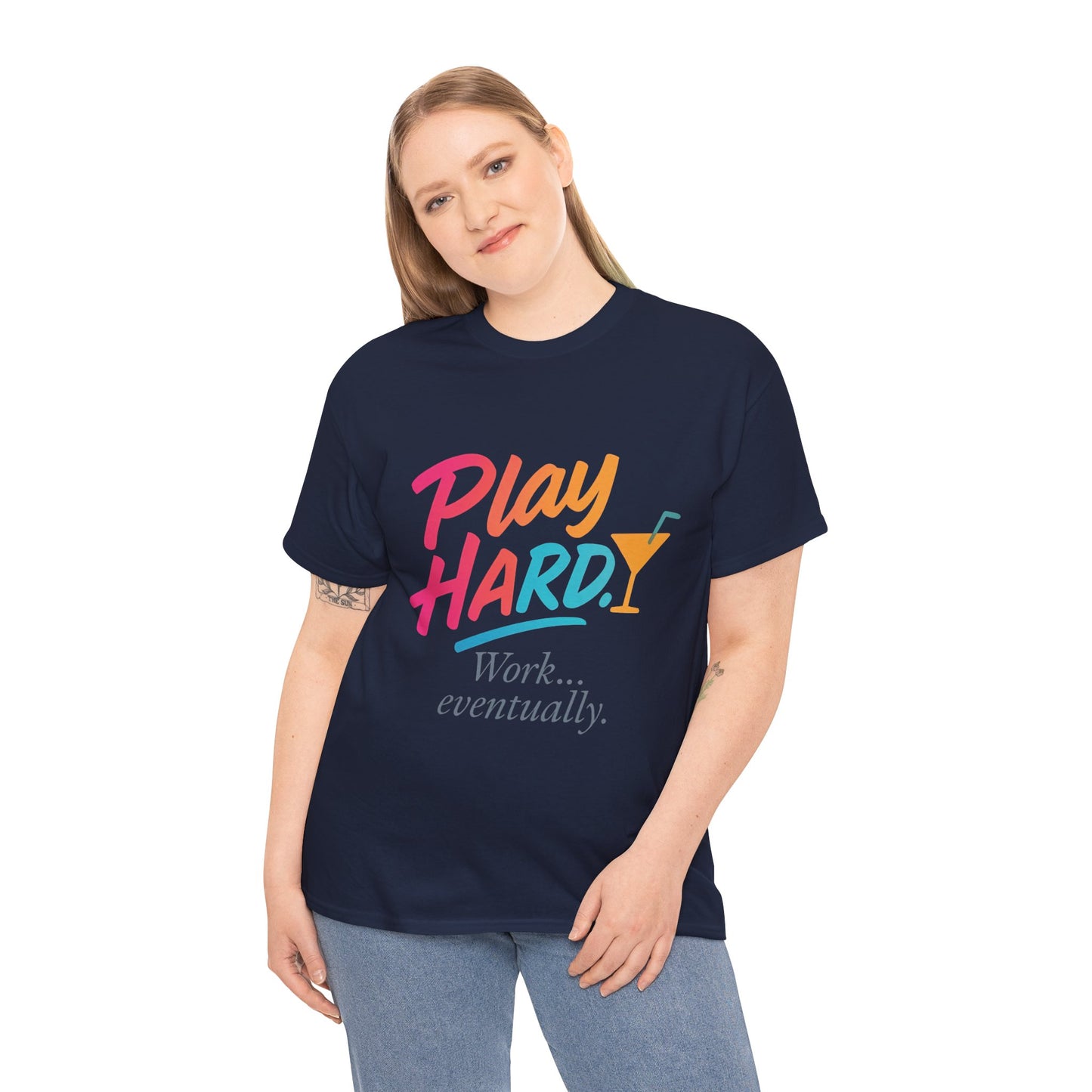 Play Hard Work Eventually T-Shirt, Funny Cocktail Graphic Tee, Pink Womens Party Shirt, Relaxed Vacation Top