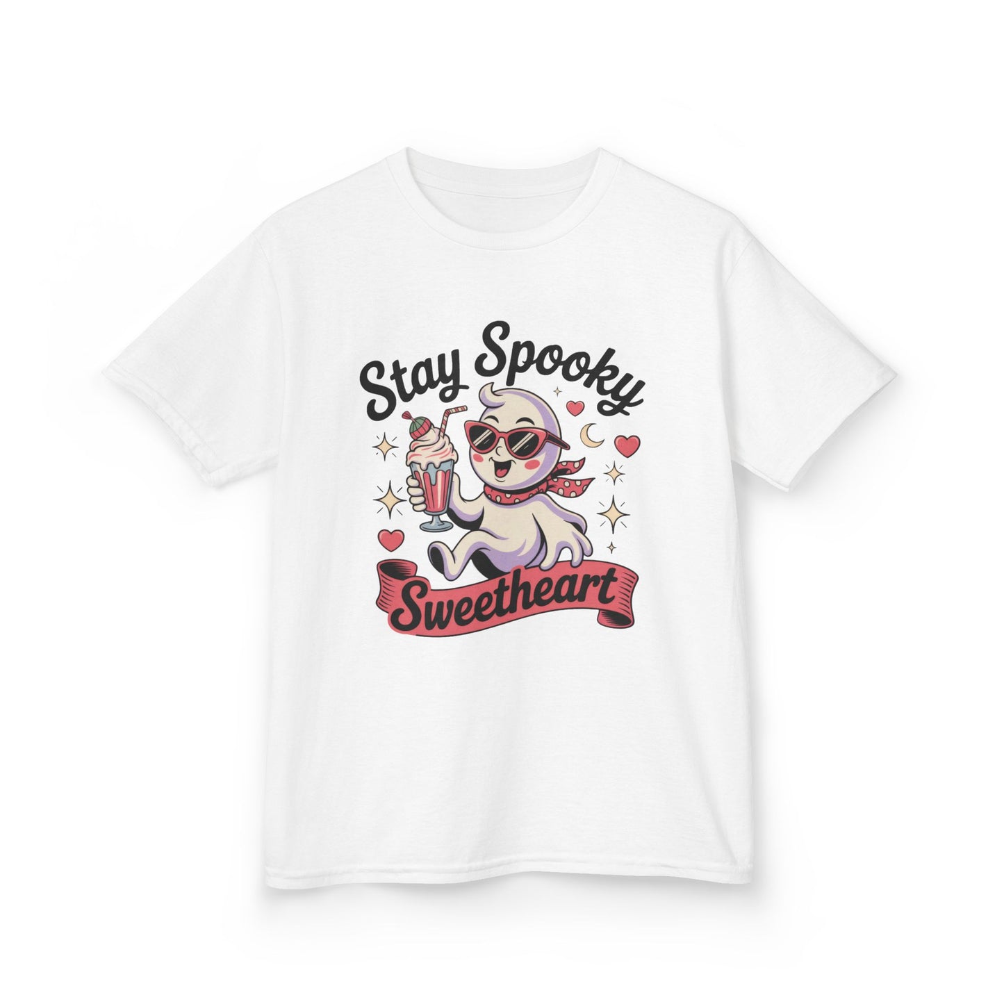 Girls Halloween Ghost T-Shirt, Stay Spooky Sweetheart Tee for Kids, Cute Retro Style Tween Girl Outfit Gift, Kids Heavy Cotton™ Tee