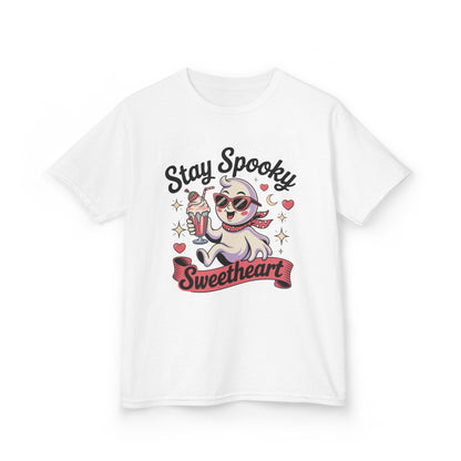 Girls Halloween Ghost T-Shirt, Stay Spooky Sweetheart Tee for Kids, Cute Retro Style Tween Girl Outfit Gift, Kids Heavy Cotton™ Tee