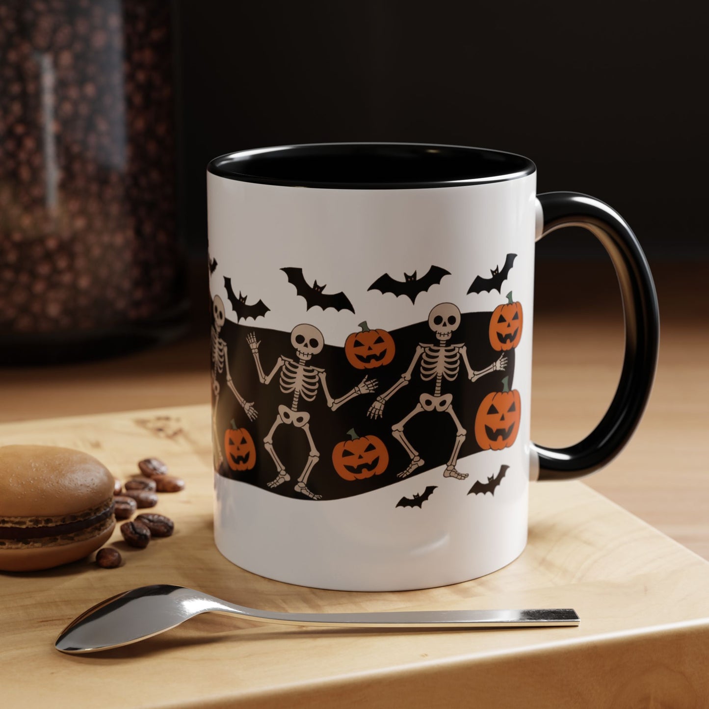 Dancing Skeletons Halloween Mug, Funny Spooky Pumpkin Coffee Cup, Cute Skeleton Dance Mug, Festive Fall Gift, Accent Coffee Mug (11, 15oz)