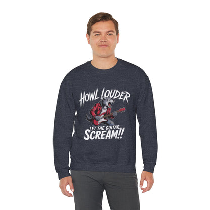 Howl Louder Wolf Sweatshirt, Let The Guitar Scream Pullover, Rock Guitar Animal Hoodie, Rocking Wolf Crewneck Sweatshirt, Music Lover Gift