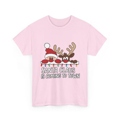 Santa Claus Is Coming to Town Women's Christmas T-Shirt, Cute Santa - Reindeer Holiday Tee