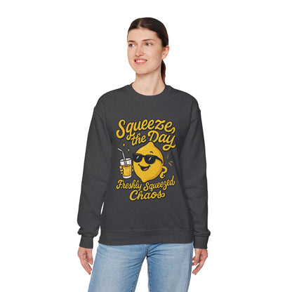 Funny Lemon Womens Sweatshirt - Squeeze The Day Freshly Squeezed Chaos Cozy Pullover - Citrus Positive Crewneck Sweatshirt, Cheerful Fashion