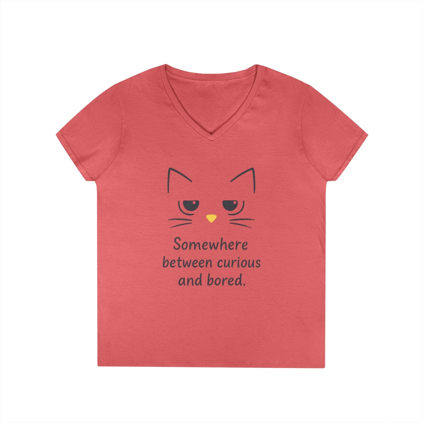 Funny Cat V-Neck T-Shirt - Somewhere Between Curious and Bored, Gift for Cat Lovers, Casual Wear, Birthday Tee, Cute Animal Shirt