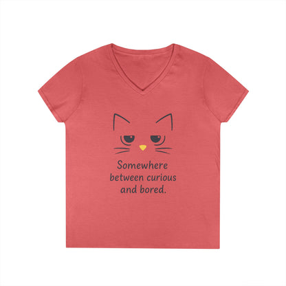 Funny Cat V-Neck T-Shirt - Somewhere Between Curious and Bored, Gift for Cat Lovers, Casual Wear, Birthday Tee, Cute Animal Shirt