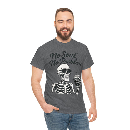 No Soul No Problem Skeleton T-Shirt for Men, Funny Gothic Skull Tee, Cool Spooky Halloween Shirt, Dark Humor Skeleton Graphic Top