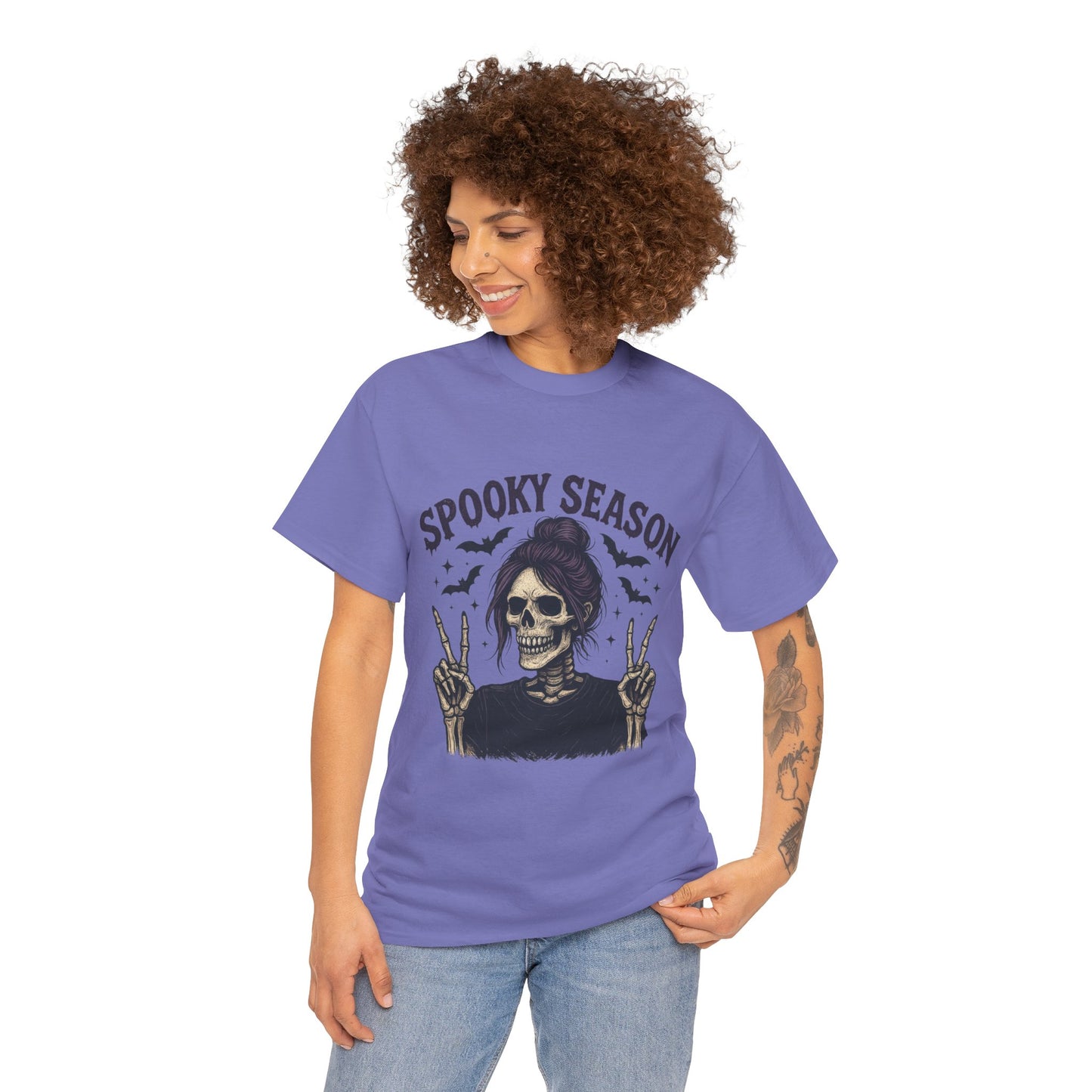 Spooky Season Women's T-Shirt, Funny Skeleton Girl Halloween Graphic Tee, Gothic Fall Shirt