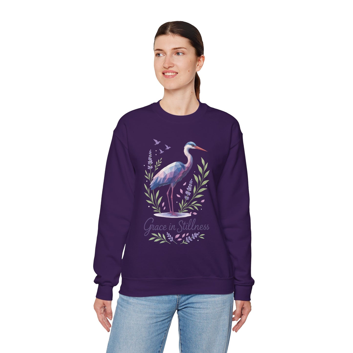 Polygonal Heron Graphic Sweatshirt, Women's Artistic Bird Crewneck, Nature-Inspired Minimalist Design, Geometric Crane, Bird Lovers Gift