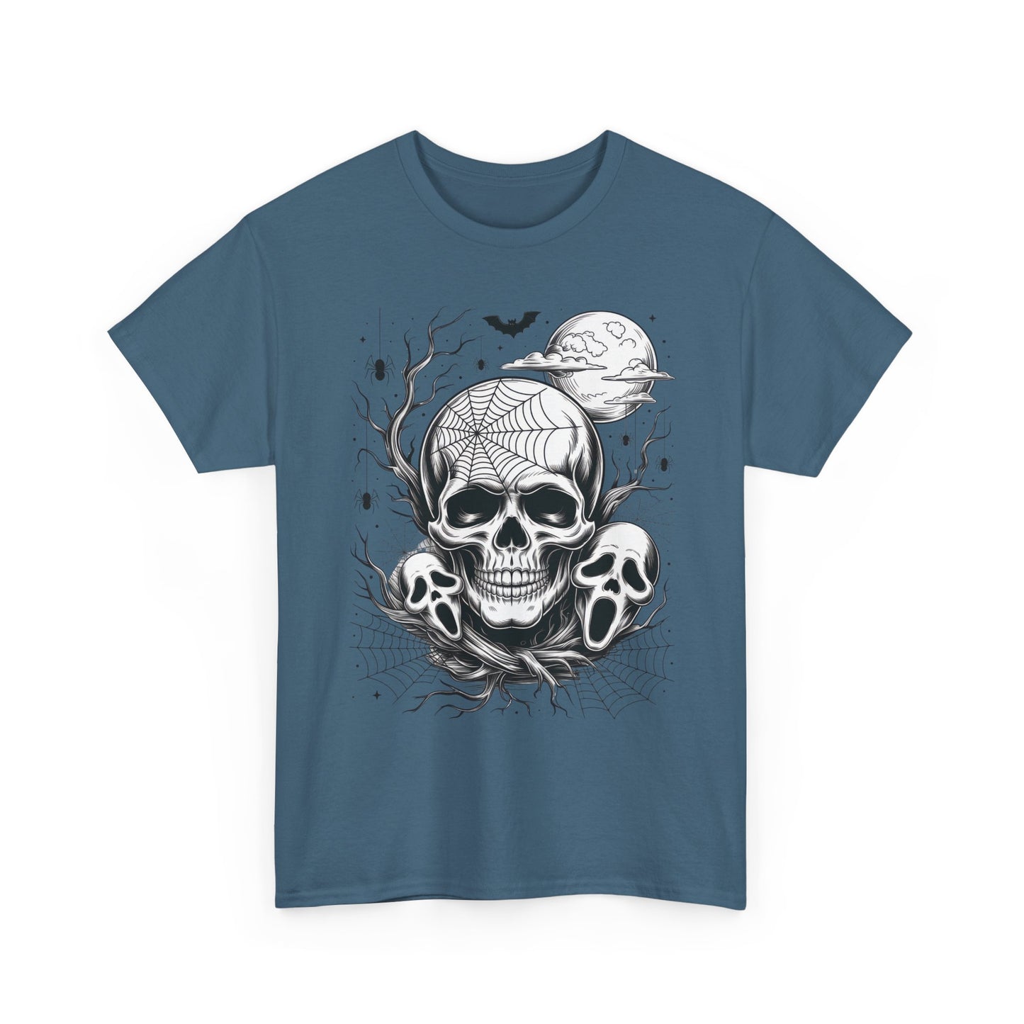 Men's Gothic Skull T-Shirt, Halloween Graphic Tee, Spider Web & Moon Horror Shirt, Spooky Skull Graphic Top for Him