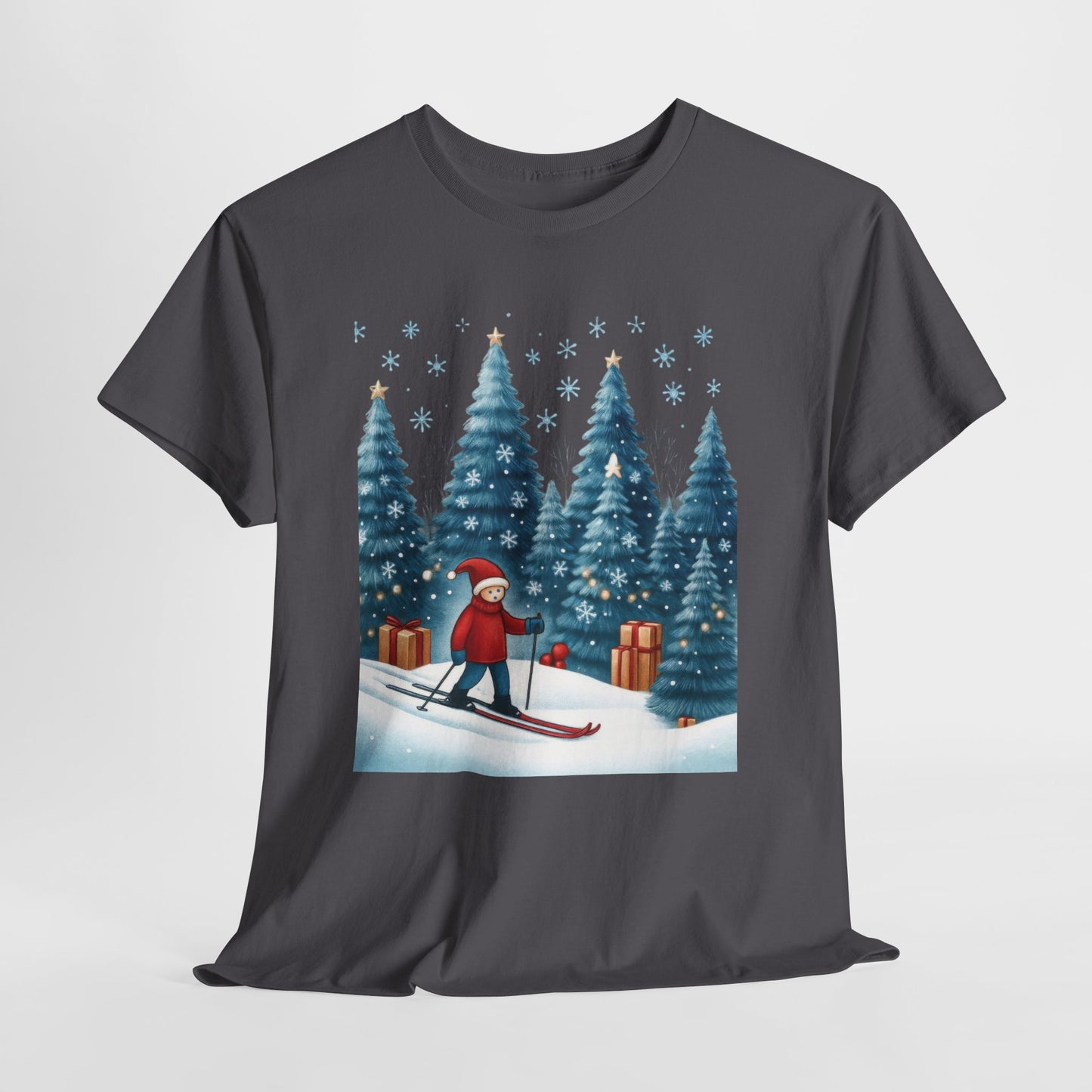 Womens Cute Winter Holiday Graphic Tee, Christmas Skiing T-Shirt, Women's Heavy Cotton Tee