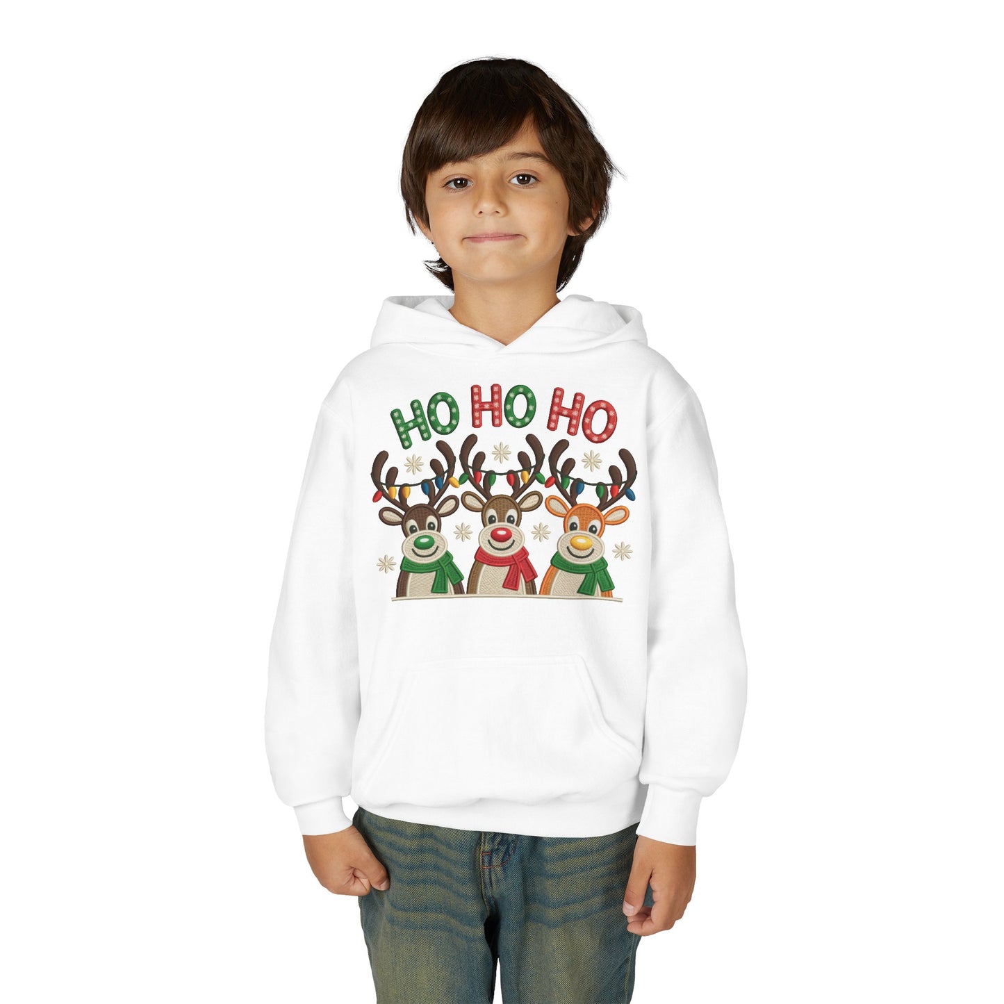 Ho Ho Ho Reindeer Hoodie for Girls, Cute Christmas Holiday Kids Pullover, Youth Hooded Sweatshirt