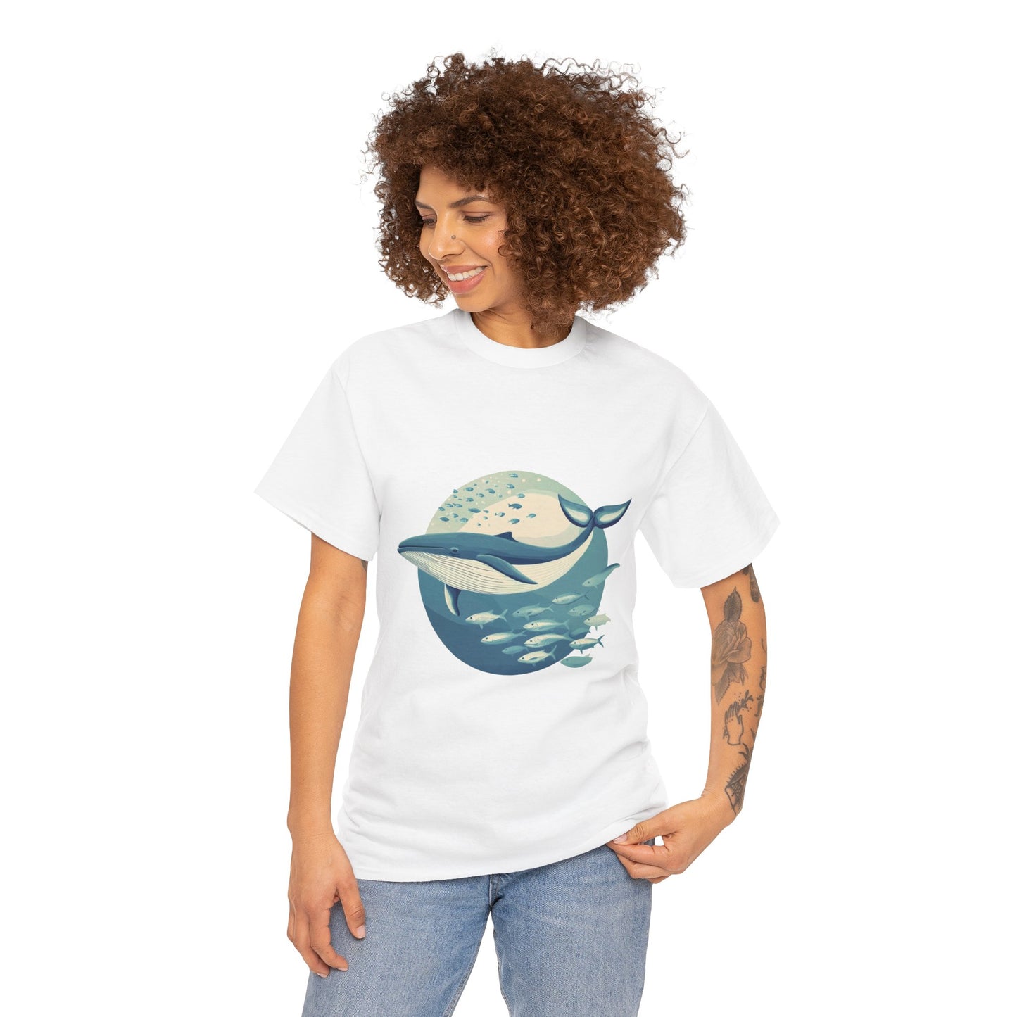 Whale and Fish Unisex Heavy Cotton Tee, Ocean Lover Shirt, Nature Tee, Sea Creature Gift, Casual Summer Top, Ocean Whale Graphic Tee
