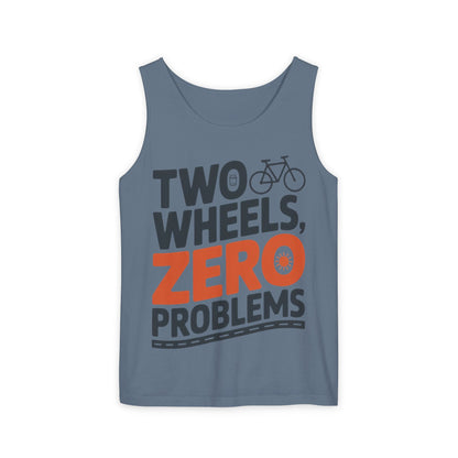 Mens Garment-Dyed Tank Top, Two Wheels Zero Problems Mens Cycling Graphic Tank, Gift for Cyclists