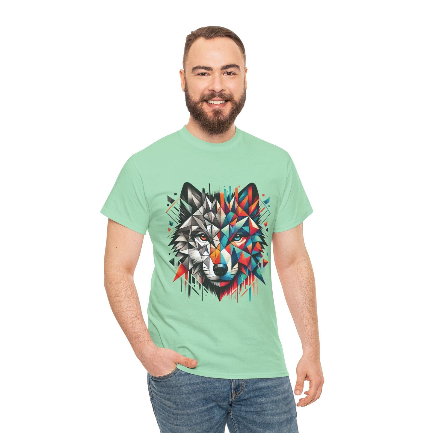 Geometric Wolf Tee, Heavy Cotton T-Shirt, Wildlife Lover Apparel, Unique Nature Wear, Artistic Wolf Design Tee