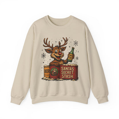 Mens Funny Christmas Sweatshirt, Santa's Secret Stash Reindeer Pullover, Men's Heavy Blend™ Crewneck Sweatshirt