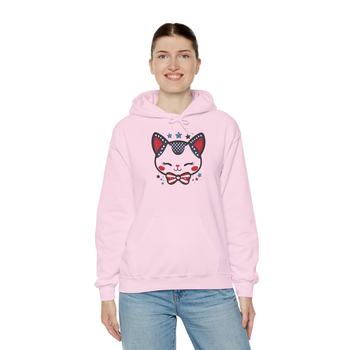 Cute Patriotic Cat -Themed Women's Hoodie, for Cat Lovers, Cute Gift for Pet Owners, Cozy Sweatshirt for All Seasons, Fourth of July Hoodie