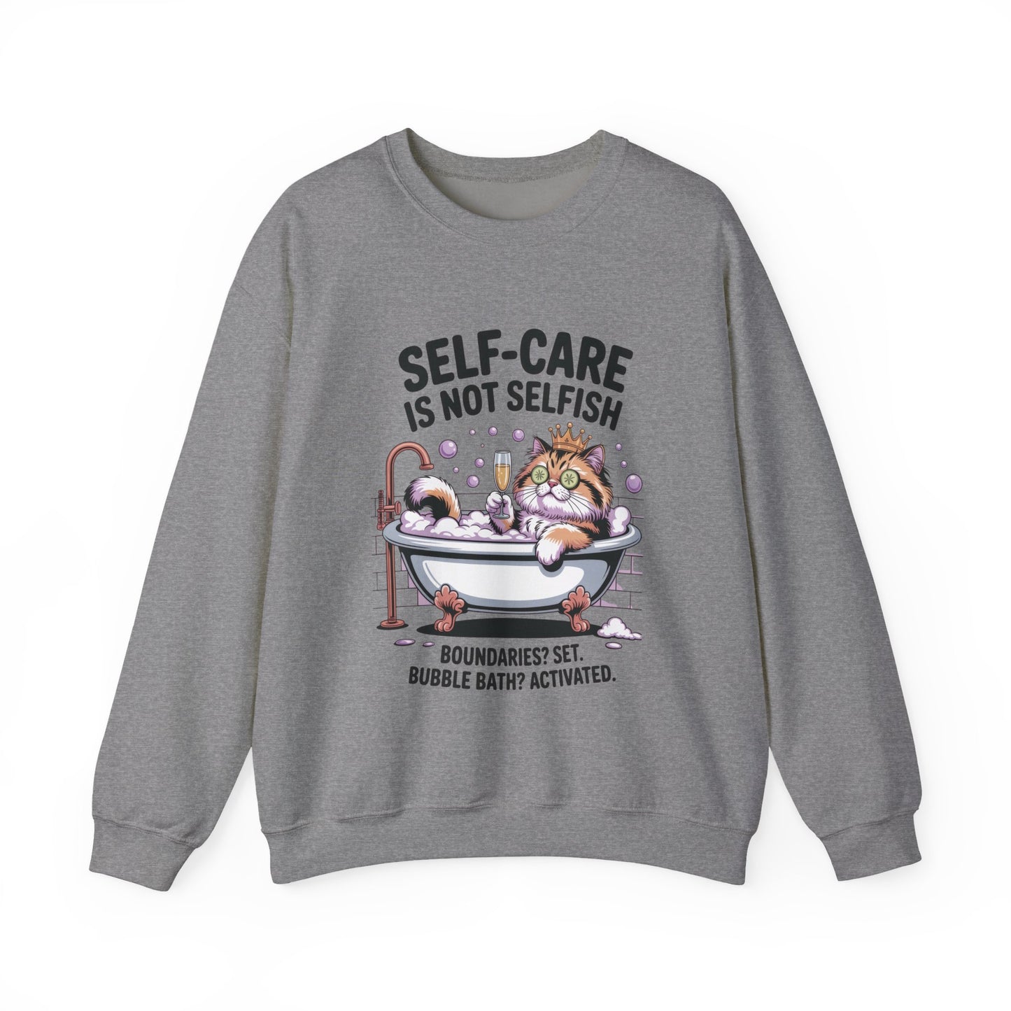 Womens Crewneck Sweatshirt, Self-Care Cat Shirt, Funny Cat Tee, Relaxing Kitty Graphic, Self Care Is Not Selfish Womens Sweatshirt