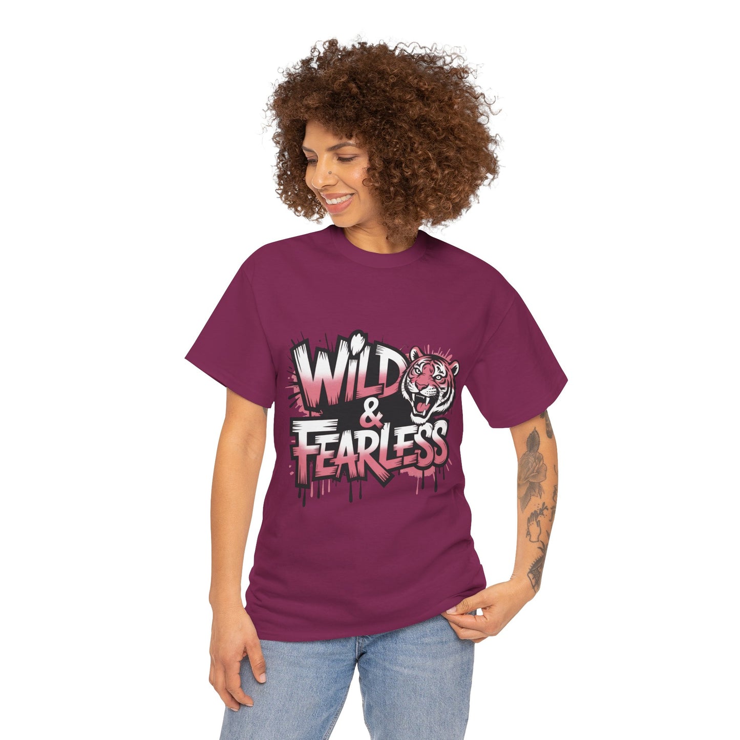 Womens Wild & Fearless T-Shirt, Tiger Graphic Graffiti Tee, Bold Urban Streetwear Top