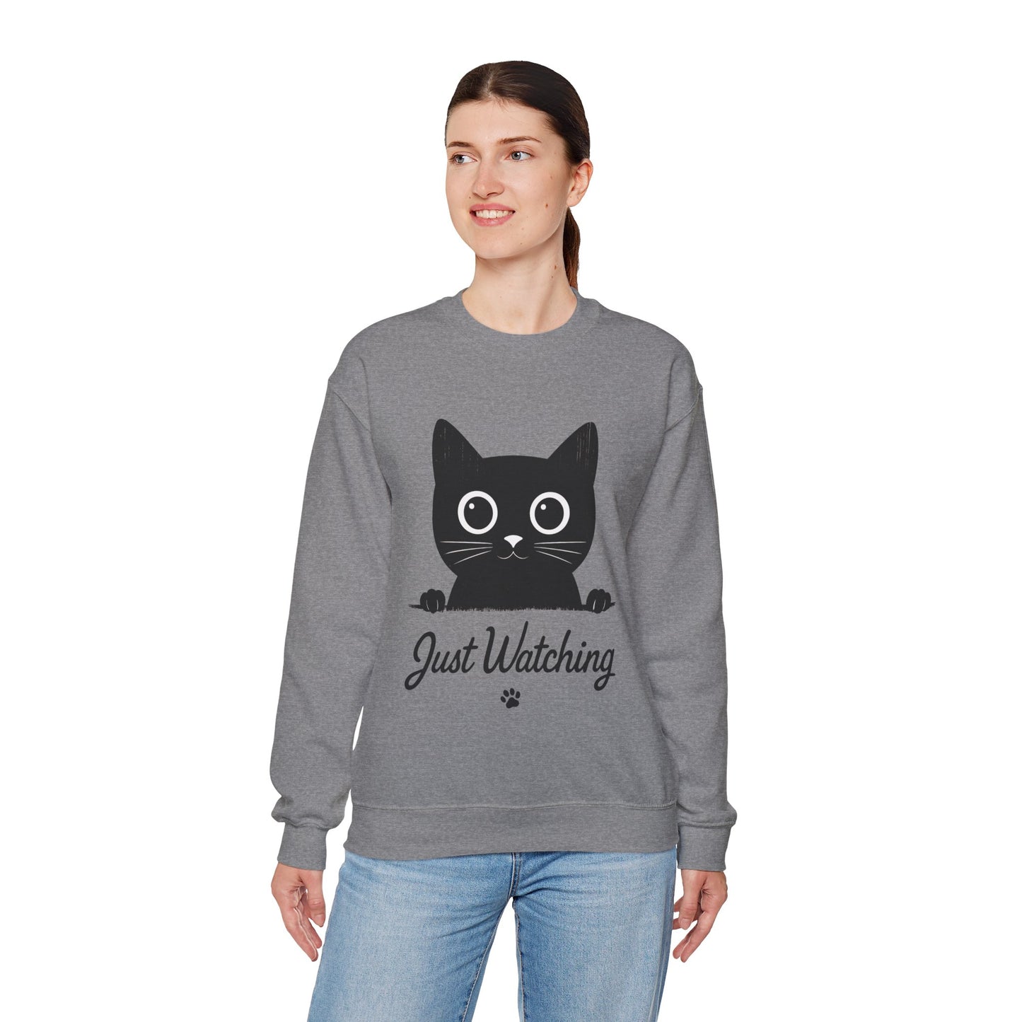 Funny Black Cat Womens Crewneck Sweatshirt - Just Watching Minimalist Kitty Pullover - Cozy Cat Lover Gift, Pet Owner Apparel