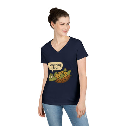 Cute & Comfy Turtle V-Neck T-Shirt - "Everything is fine..." design, Gift for Animal Lovers, Casual Wear, Fun Quotes, Positive message tee