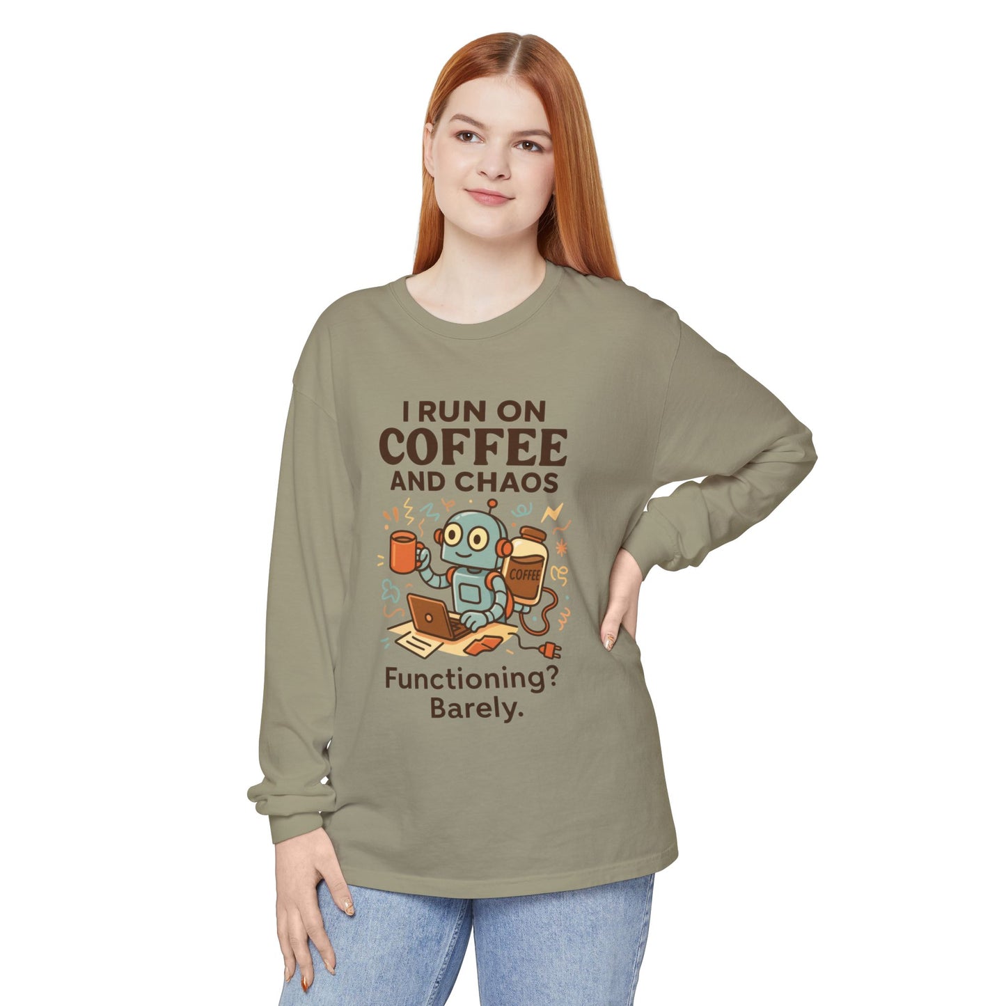 Coffee Chaos Long Sleeve Tee, Funny T-Shirt, Quirky Gift for Coffee Lovers, Unisex Top for Busy Lives, Work from Home Humor Tee