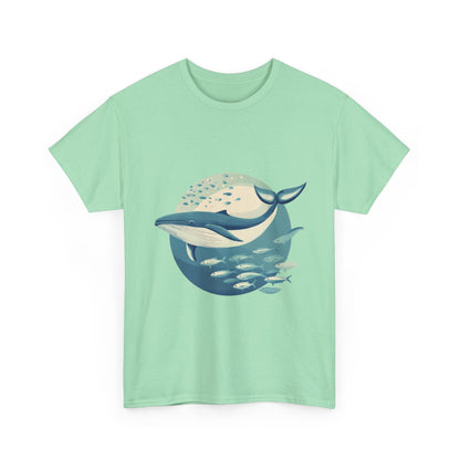 Whale and Fish Unisex Heavy Cotton Tee, Ocean Lover Shirt, Nature Tee, Sea Creature Gift, Casual Summer Top, Ocean Whale Graphic Tee