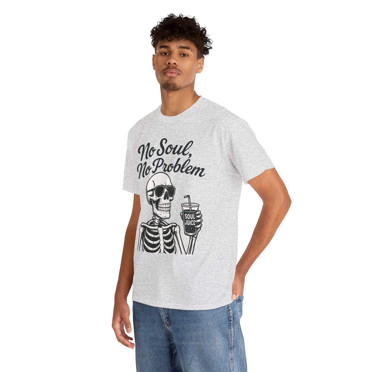 No Soul No Problem Skeleton T-Shirt for Men, Funny Gothic Skull Tee, Cool Spooky Halloween Shirt, Dark Humor Skeleton Graphic Top