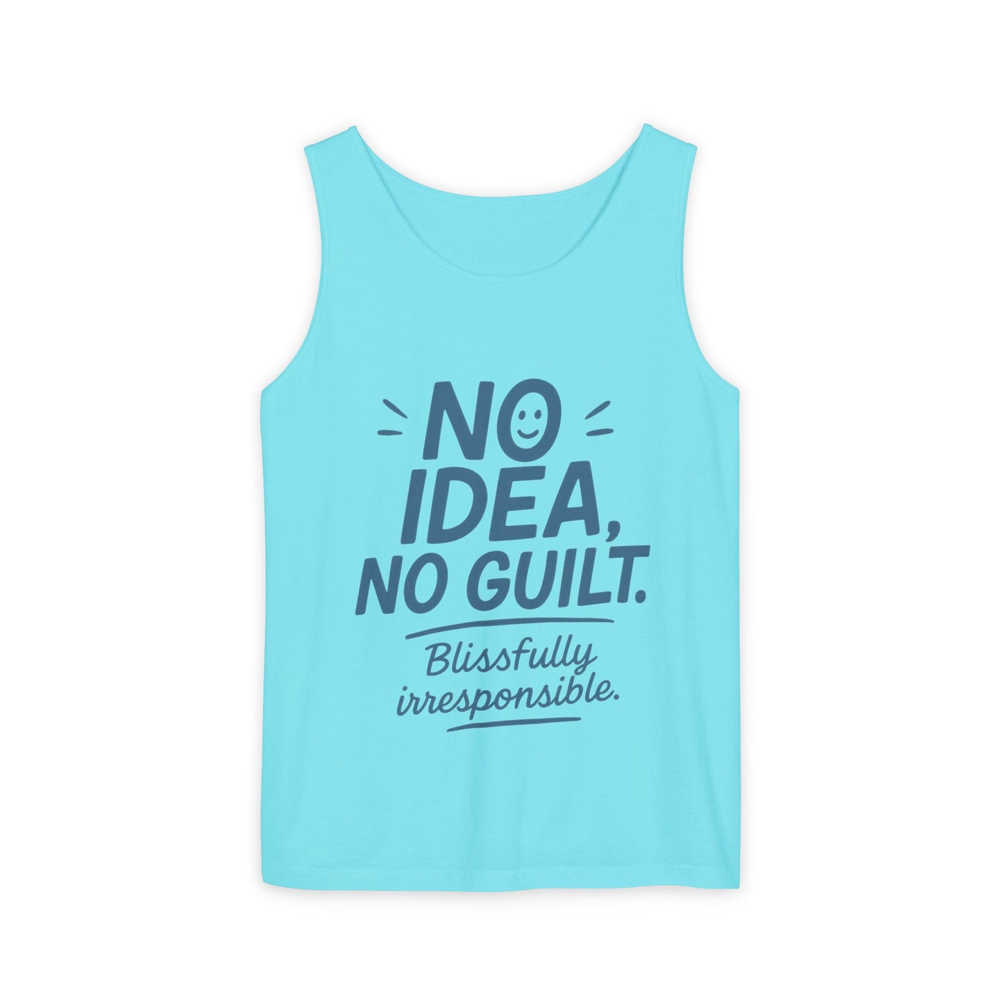 Womens No Guilt Tank Top, No Idea Funny Quote, Blissfully Irresponsible Workout Tee, Casual Sleeveless Top, Summer Activewear, Relaxed Style