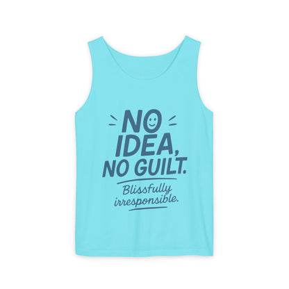Womens No Guilt Tank Top, No Idea Funny Quote, Blissfully Irresponsible Workout Tee, Casual Sleeveless Top, Summer Activewear, Relaxed Style