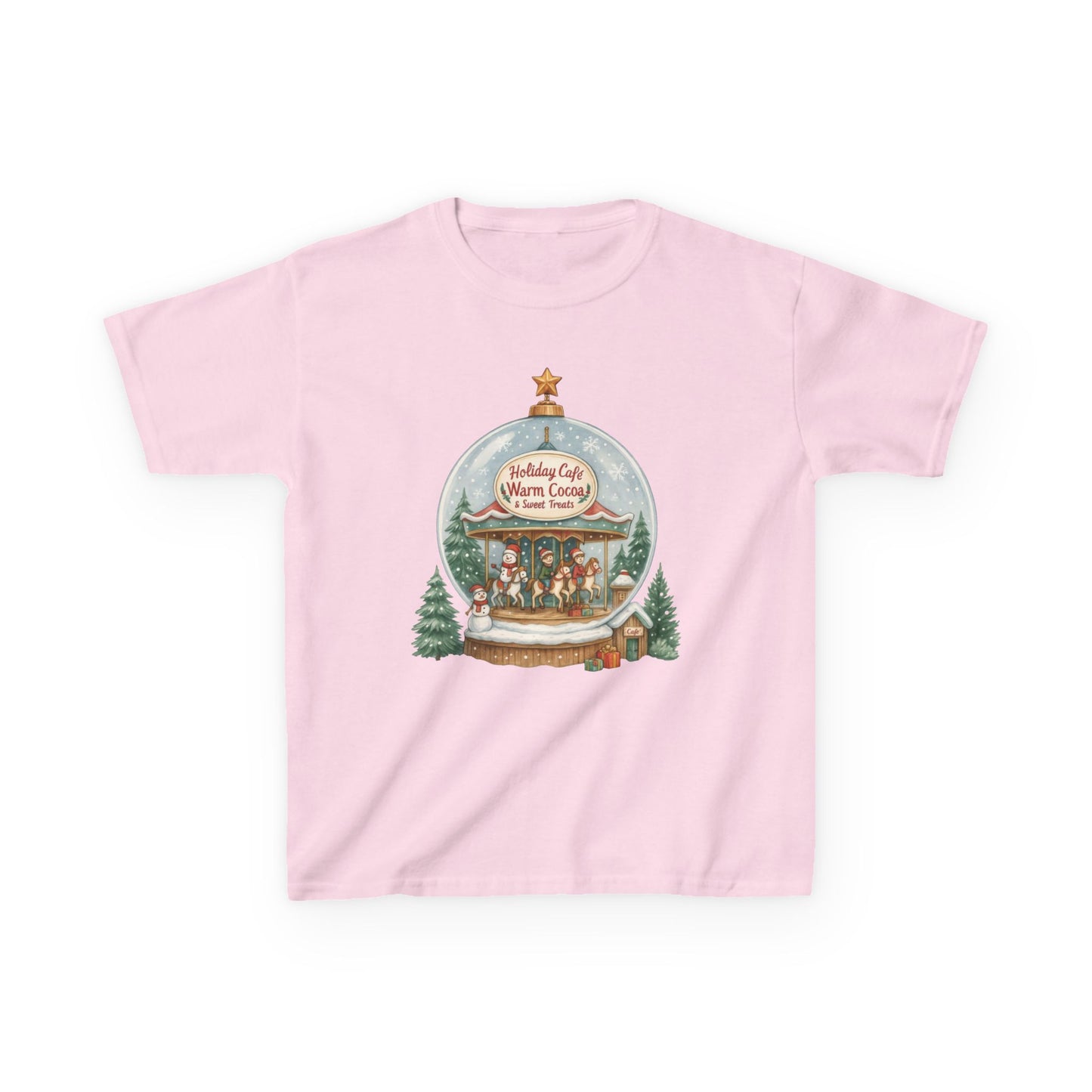 Youth Holiday Café Christmas T-Shirt, Warm Cocoa Carousel Kids Tee