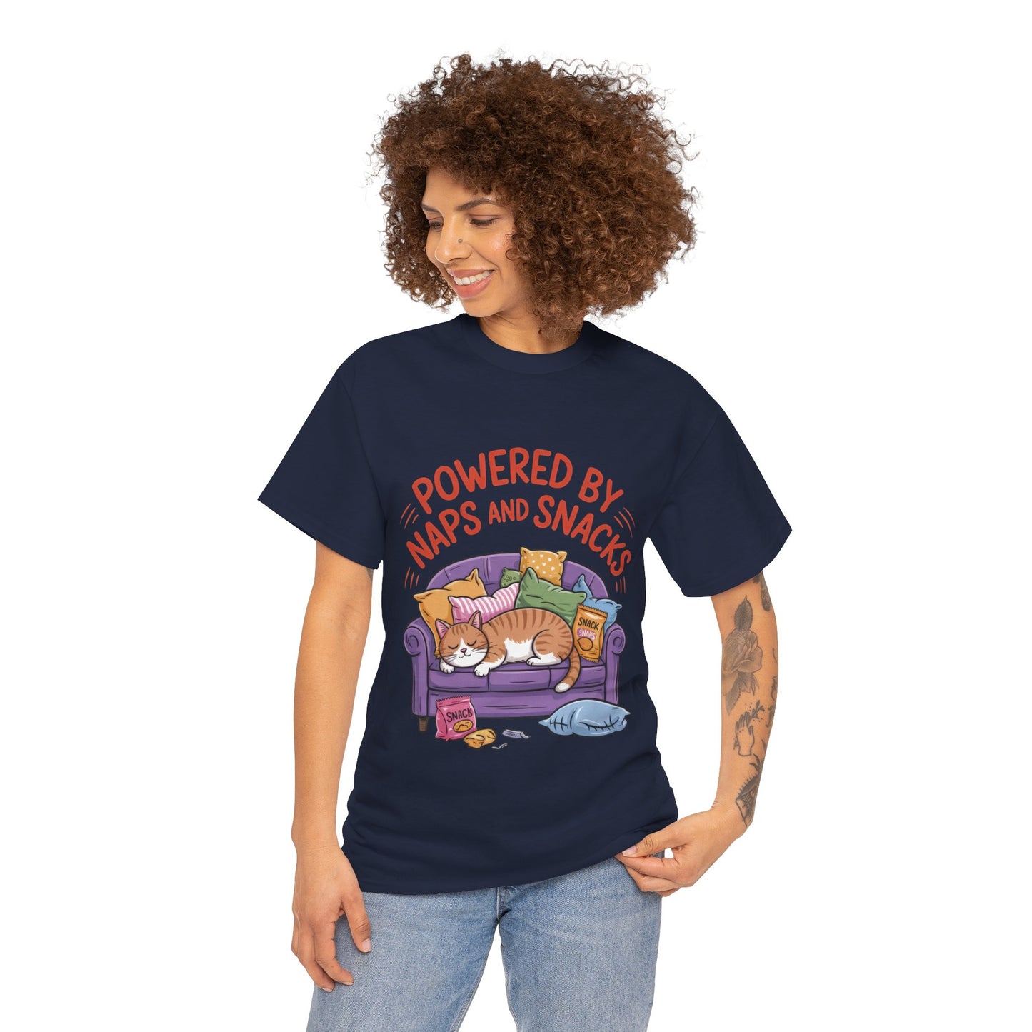 Powered by Naps and Snacks Cat T-Shirt, Funny Lazy Cat Lover Womens Tee, Cute Humor Shirt, Cozy Gift for Her, Cozy Cat Lover T-Shirt