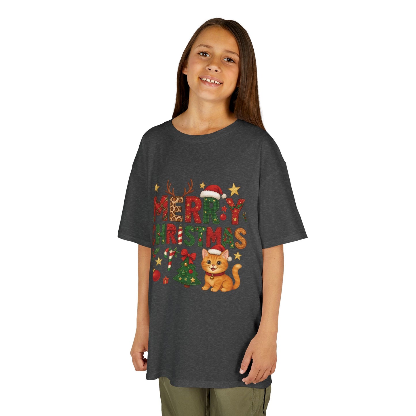 Merry Christmas Cat Shirt for Girls, Cute Holiday Kitten Tee