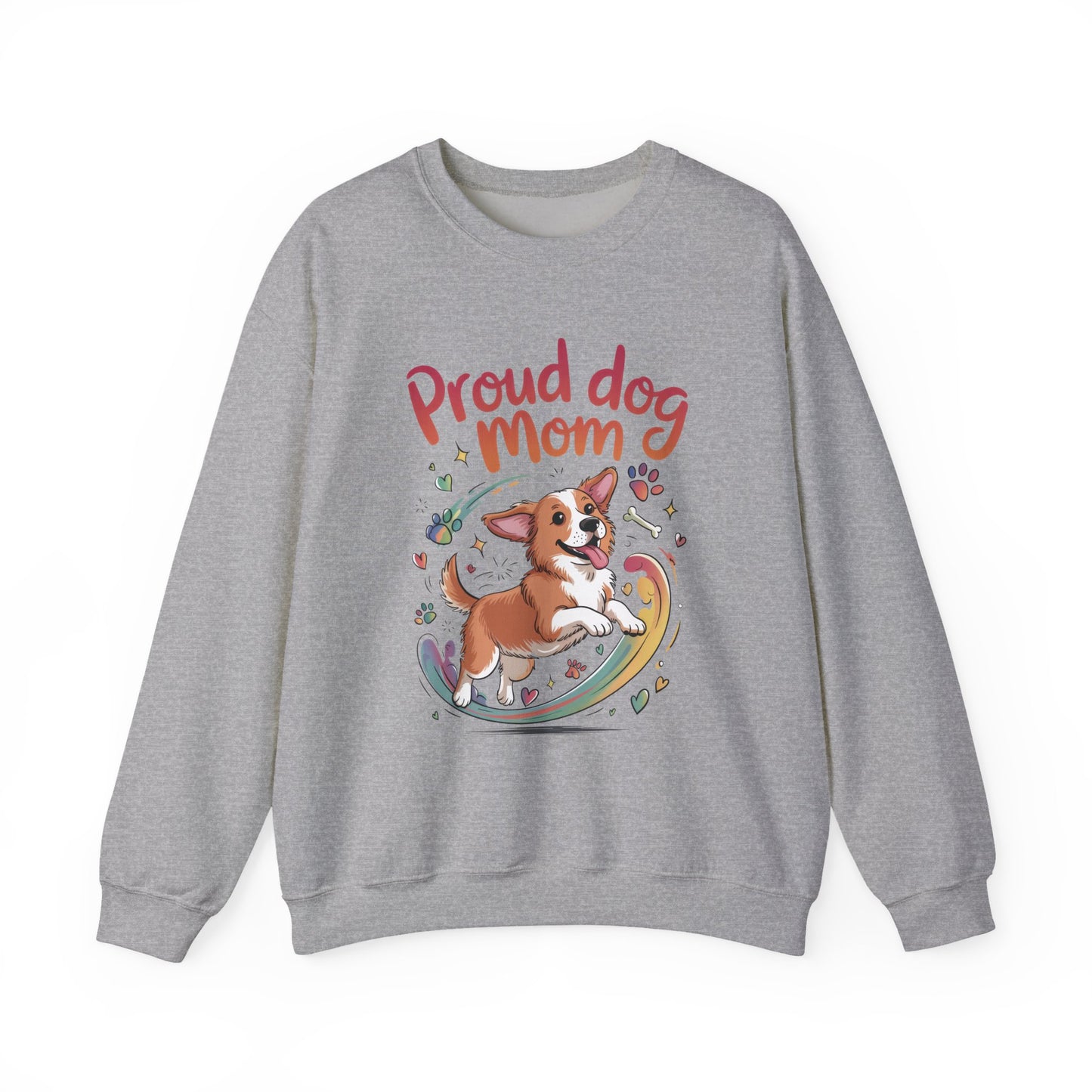 Proud Dog Mom Crewneck Sweatshirt, Pet Lover Gift, Dog Mom Apparel, Animal Lover Clothing, Gift for Dog Moms, Puppy Paw Rainbow Print