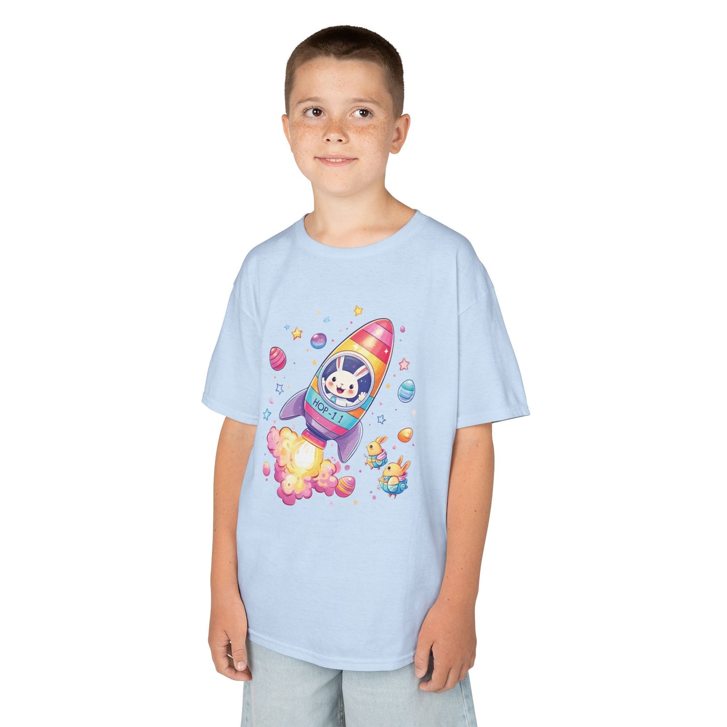 Easter Astronaut Bunny Kids T-Shirt - Cute Space Rocket Bunny with Colorful Eggs, Fun Spring Tee for Boys and Girls, Holiday Gift Idea