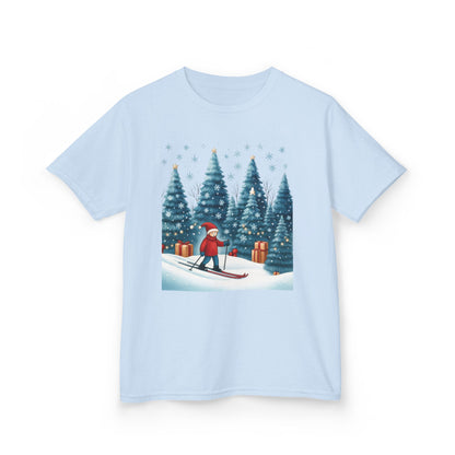 Kids Christmas Skiing T-Shirt, Cute Winter Holiday Graphic Tee, Kids Heavy Cotton™ Tee