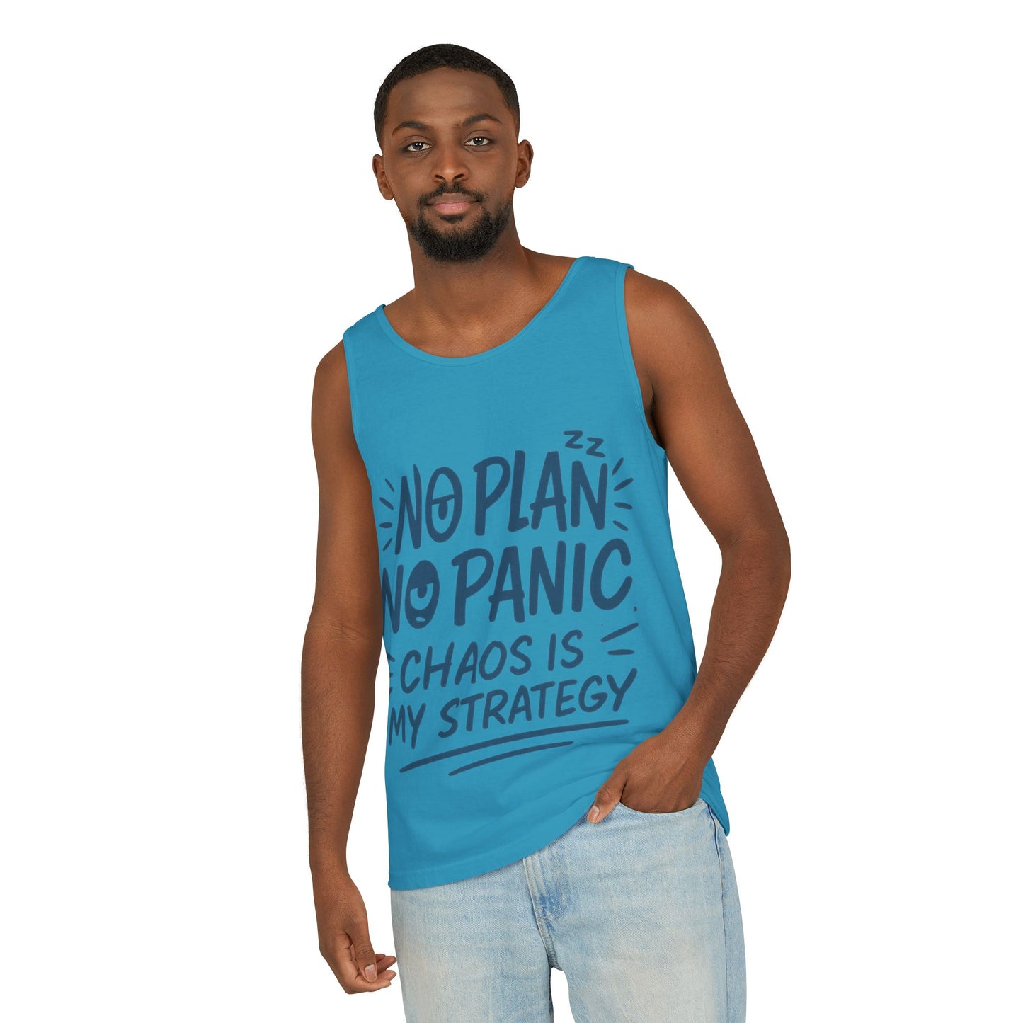 Funny Chaos Quote Mens Tank Top, No Plan No Panic Humor Shirt, Casual Graphic Tee Gift for Him, Relaxed Fit, Workout Gym Humor Shirt